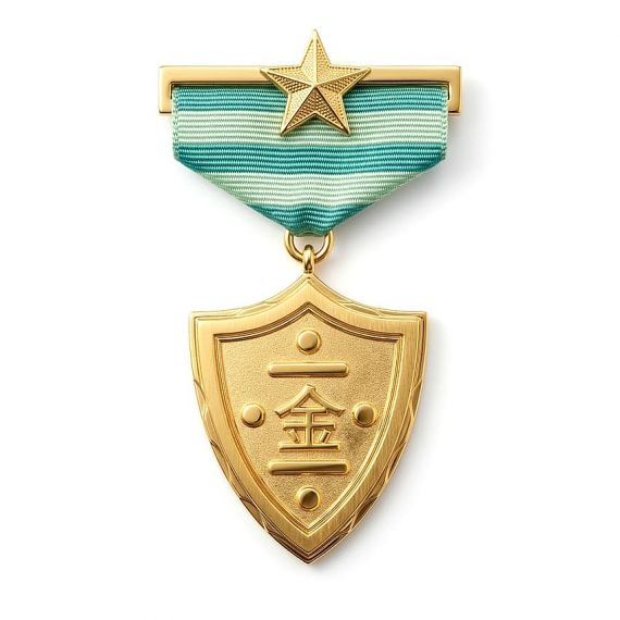 Gold shield medal with engraved emblem and ribbon
