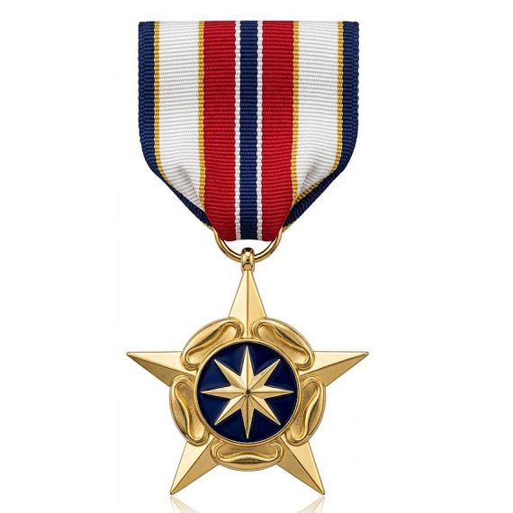 Gold star medal with blue enamel center and ribbon