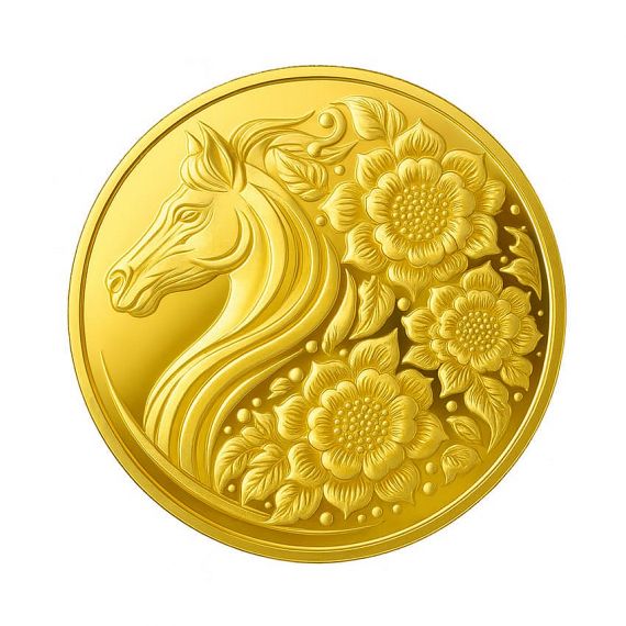 Gold embossed mirror coin featuring elegant horse head and floral pattern design