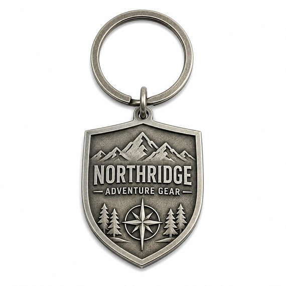 Antique silver zinc alloy keychain with raised mountain, compass, and lettering details in a no-enamel metal design