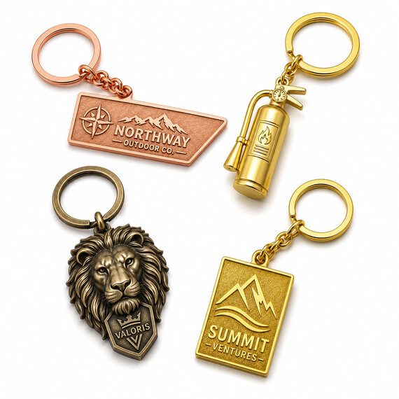 Zinc Alloy Keychains without Enamel - Assortment of custom no-enamel zinc alloy keychains featuring copper, gold, antique bronze, textured, and full 3D sculpted finishes