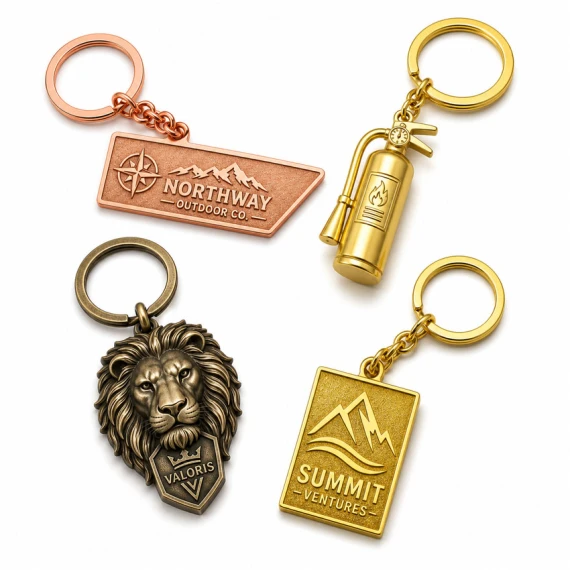 Zinc Alloy Keychains without Enamel - Assortment of custom no-enamel zinc alloy keychains featuring copper, gold, antique bronze, textured, and full 3D sculpted finishes