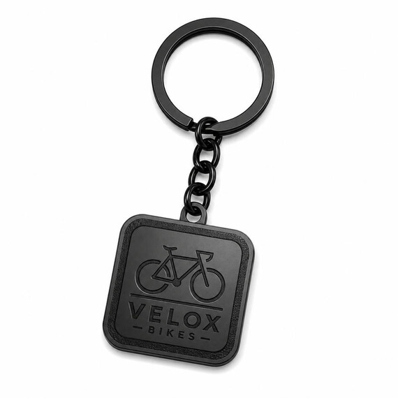 Black plated custom zinc alloy keychain with recessed bicycle logo and textured border, designed without enamel color fill