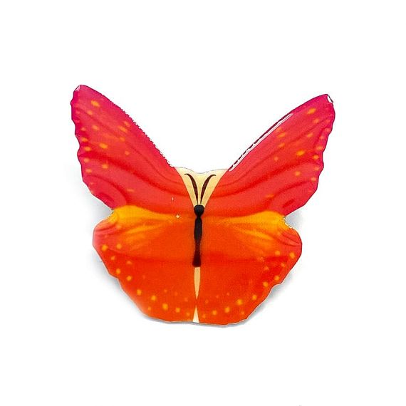 Custom offset printed lapel pins with vibrant full-color butterfly design.