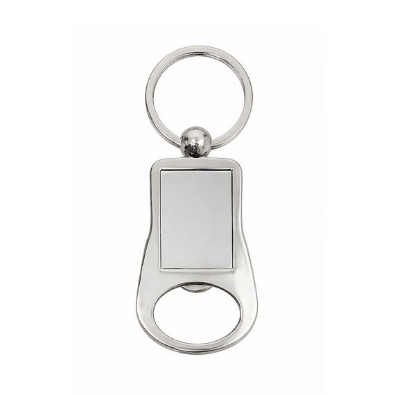 Zinc alloy bottle opener keychain with rectangular insert area for custom printed label