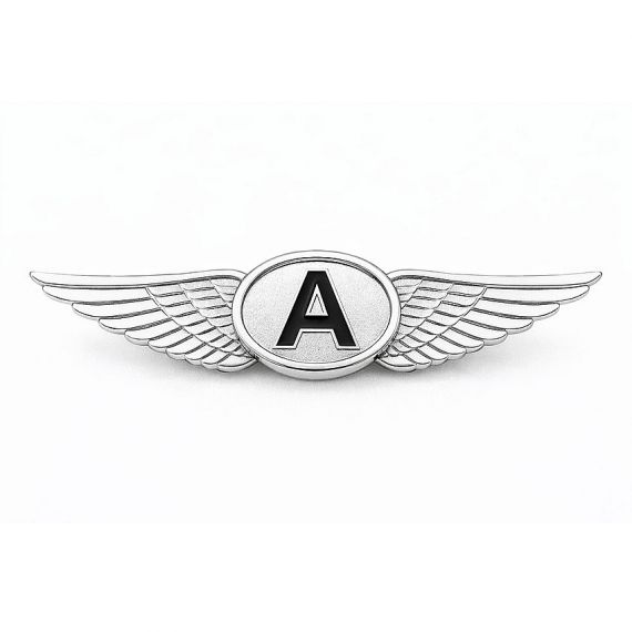 Silver pilot wings pin with letter A emblem