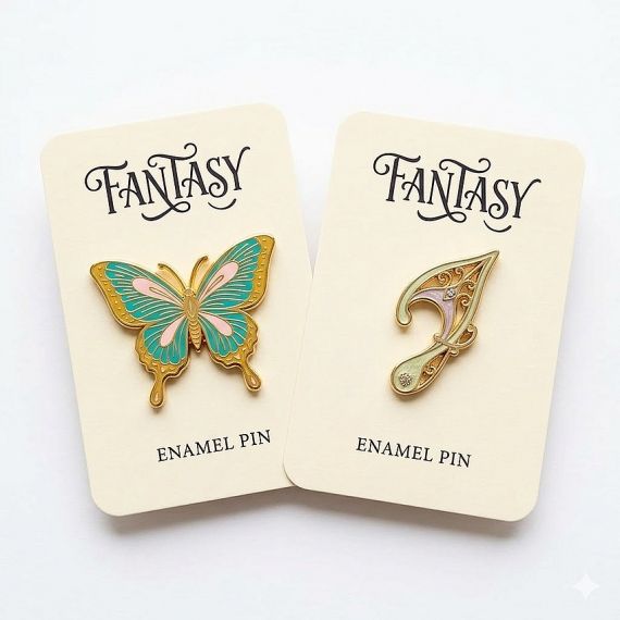Fantasy enamel pins with elegant backing cards