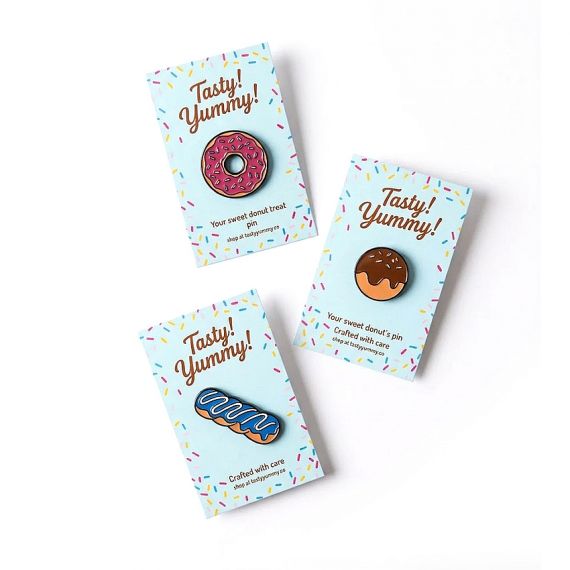 Cute donut enamel pins with colorful backing cards