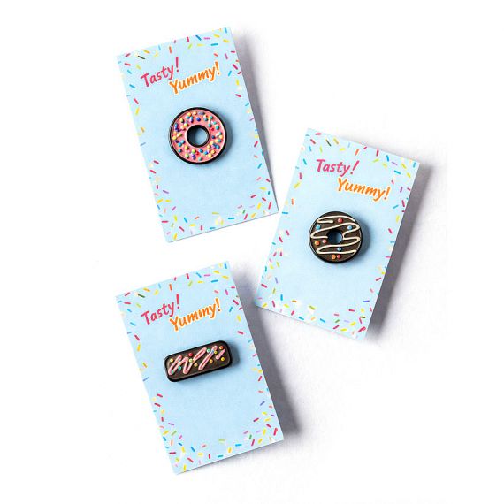 Donut pins with colorful custom backing cards