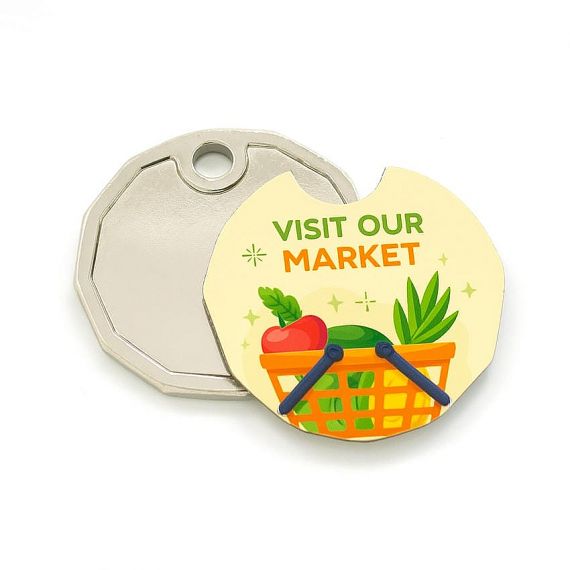 logo printed trolley coin keychain UK pound size shopping cart token