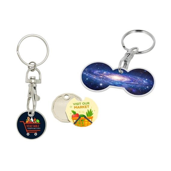 Custom Euro Trolley Coin Keyrings - Custom printed trolley coin keychains in euro-sized tokens for supermarket cart