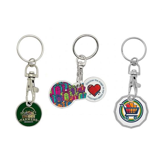 personalized full-color printed logos trolley token keyrings for farmers markets, gifts, and shopping carts.