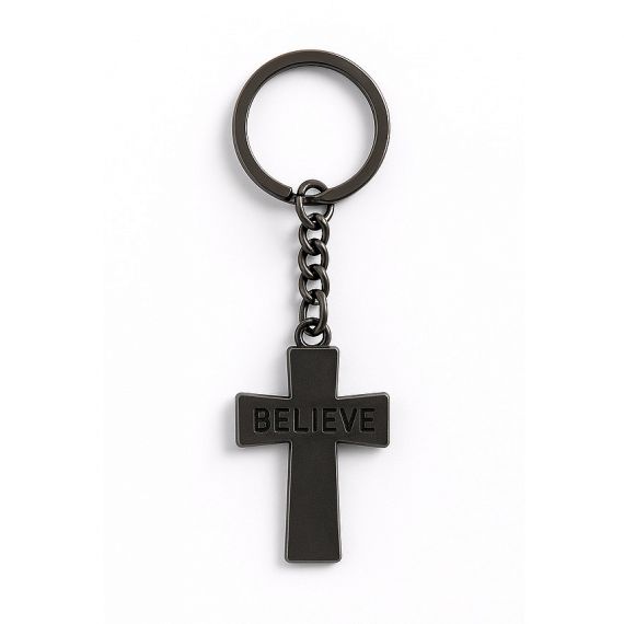Religious black cross believe keychain