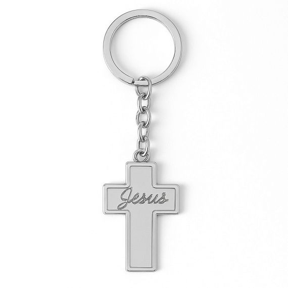 Silver metal cross engraving Jesus keychain
