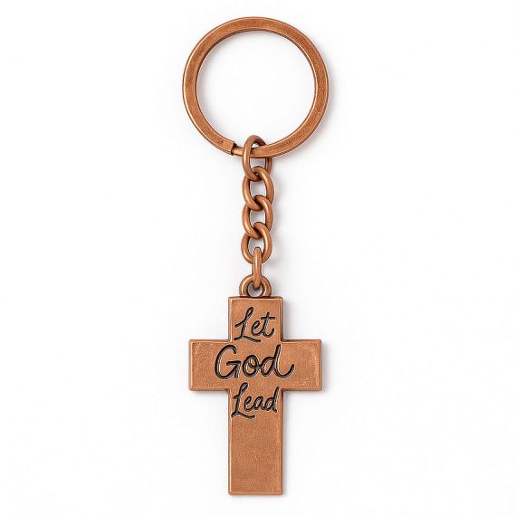 Antique copper metal cross inspirational text keychain