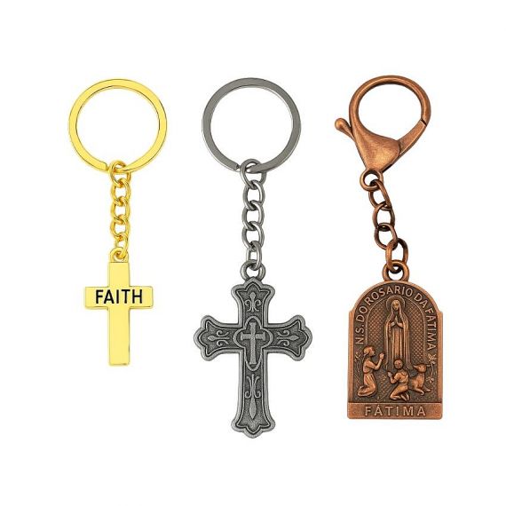 Personalized Religious Keychains - custom religious metal keychains featuring cross and Fatima design in gold, silver, and antique copper finishes