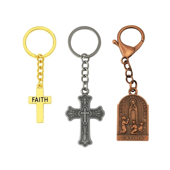 Personalized Religious Keychains - custom religious metal keychains featuring cross and Fatima design in gold, silver, and antique copper finishes
