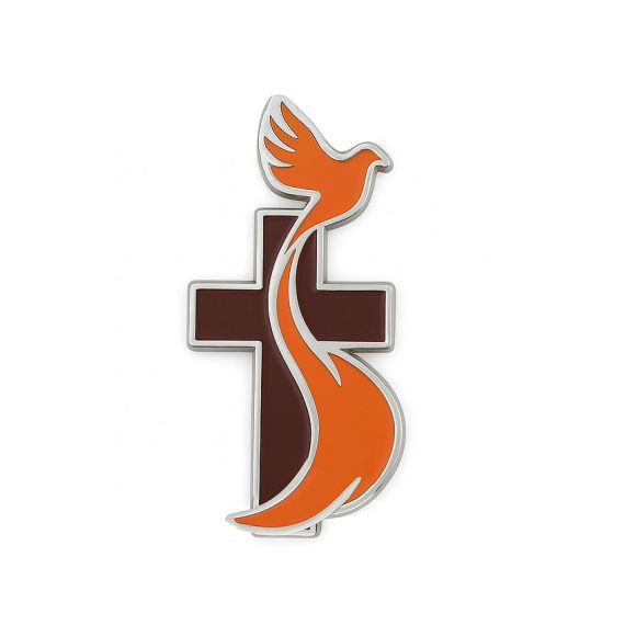 Christian cross enamel pin with dove symbol