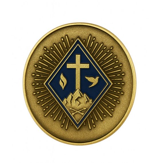 Gold Christian enamel pin with cross and dove