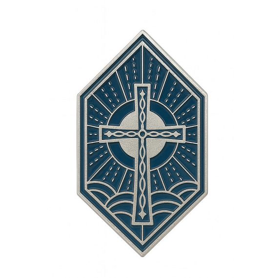 Blue Christian cross enamel pin with geometric design
