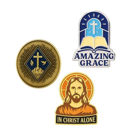 Custom Christian enamel pins featuring crosses, scripture themes, and inspirational faith messages.