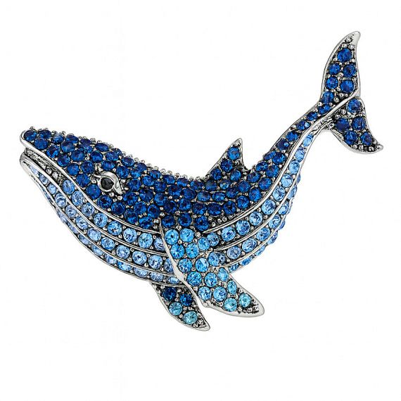 Customized whale-shaped brooch with multi-tone blue rhinestone gradients