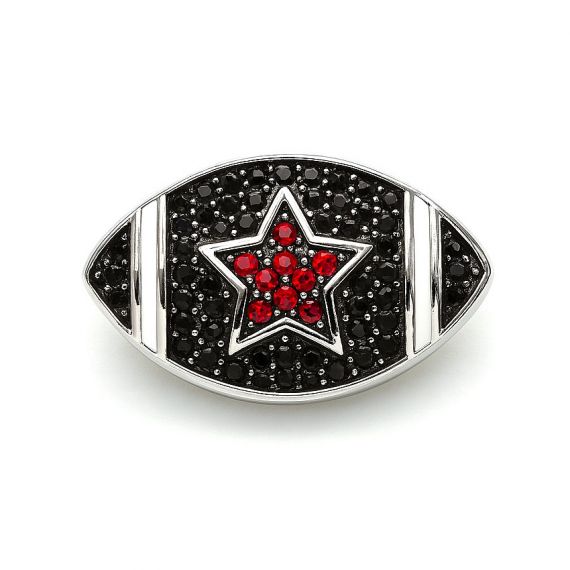 Football-shaped pin featuring a black crystal background and red star center