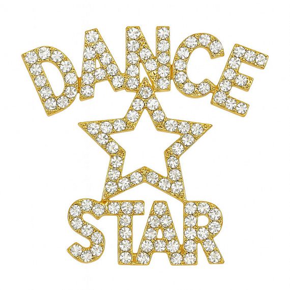 Custom "DANCE STAR" bold letter pin entirely filled with shimmering crystals.