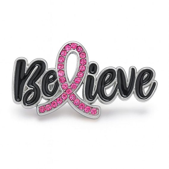 Breast cancer awareness "Believe" lapel pin with a pink rhinestone ribbon.