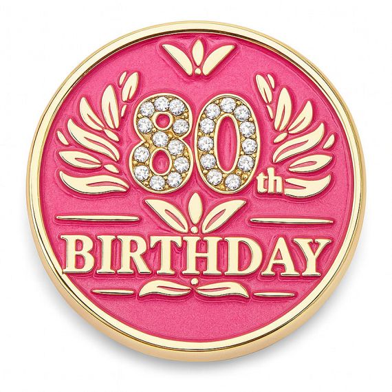 "80th Birthday" celebratory pin with a sparkling rhinestone-set number wholesale