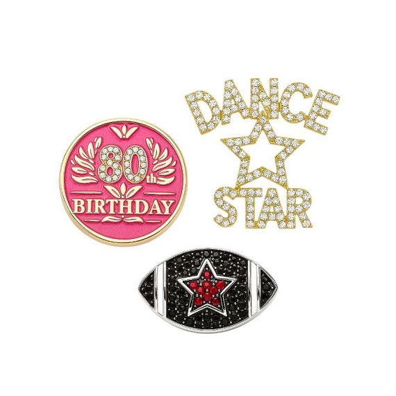 Shimmering rhinestone lapel pins manufactured in Jin Jumbo Vietnam metal factory.