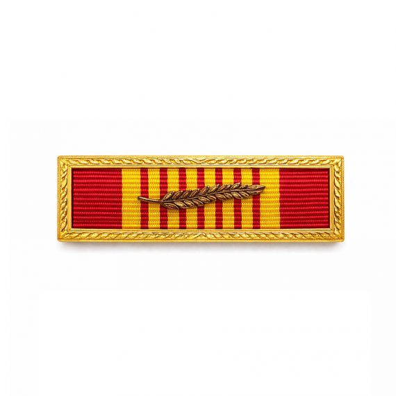 Decorative military ribbon bar with gold frame and leaf insignia