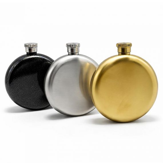 Stainless Steel Round Hip Flasks - Custom 5oz round stainless steel hip flask set in glitter black, brushed silver, and matte gold finishes, premium personalized portable liquor flask for gifts.