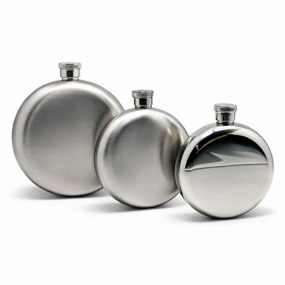 Customized round pocket hip flasks in various sizes and finishes including brushed and mirror polished, food-grade stainless steel liquor container supplier.