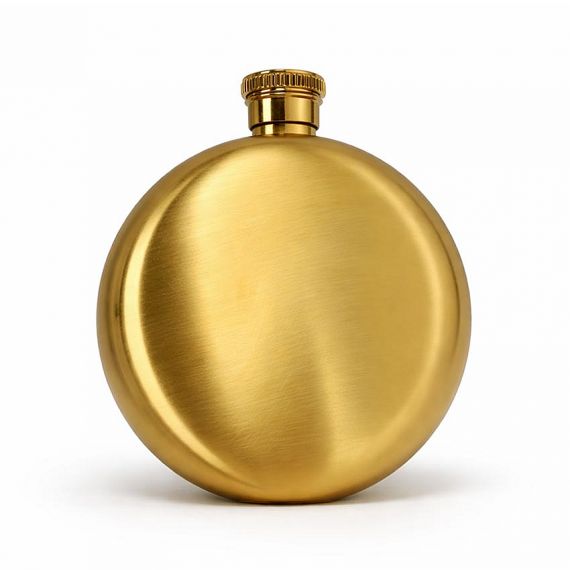 Luxury matte gold round stainless steel hip flask with leak-proof screw cap, high-end customized circular whiskey flask from professional factory.