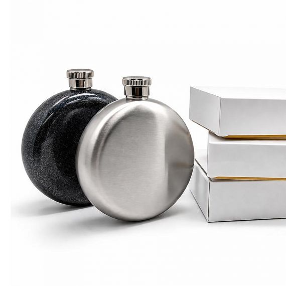 Personalized 5oz round metal hip flasks with white gift box packaging, custom logo glitter and silver liquor bottles for wedding favors.