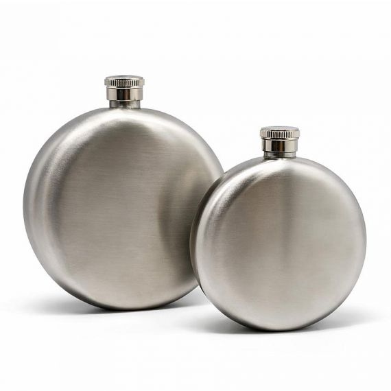 Bespoke brushed stainless steel round hip flask available in multiple sizes, high-quality customizable circular alcohol container for outdoor events.