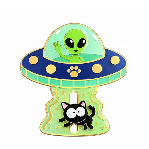 Custom sliding pin depicting movement, like an alien spaceship beaming up a cat