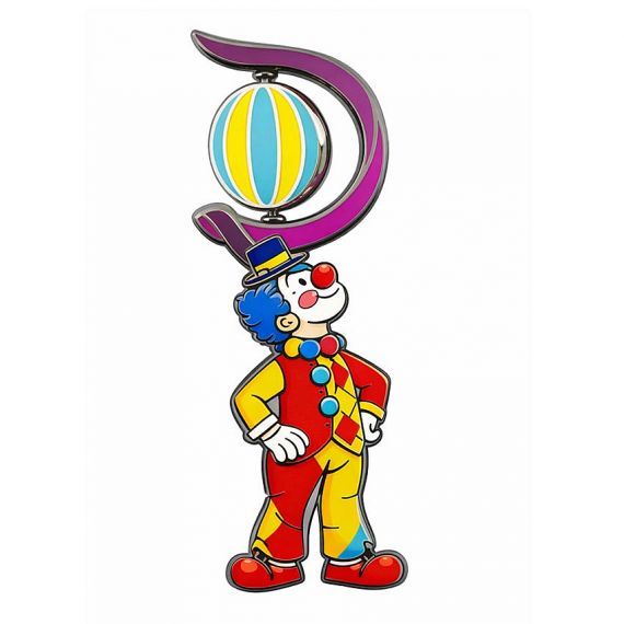 Custom enamel pin with a spinning element, like a clown with a ball.