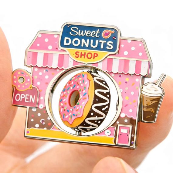 cute donust store promotion custom spinning enamel badges for a unique brand identity.