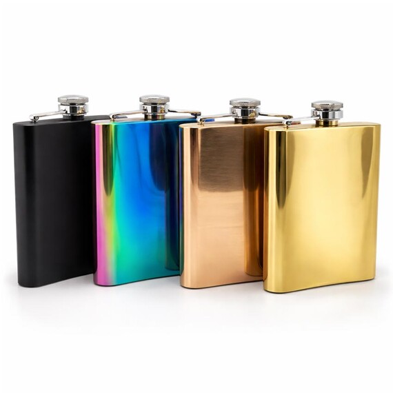 Custom Square Pocket Hip Flasks - Custom 8oz stainless steel pocket hip flask set in matte black, rainbow iridescent, rose gold, and polished gold finishes for wedding gifts.
