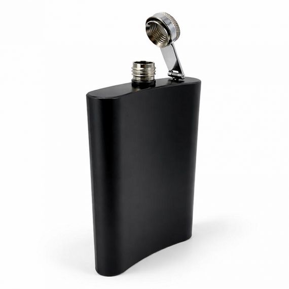 Classic matte black stainless steel hip flask with hinged open cap, custom engraved portable whiskey flask for groomsmen and outdoor events.