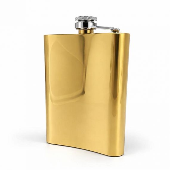 Bespoke luxury mirror polished gold stainless steel pocket flask, high-quality customizable alcohol container for premium corporate gifting.