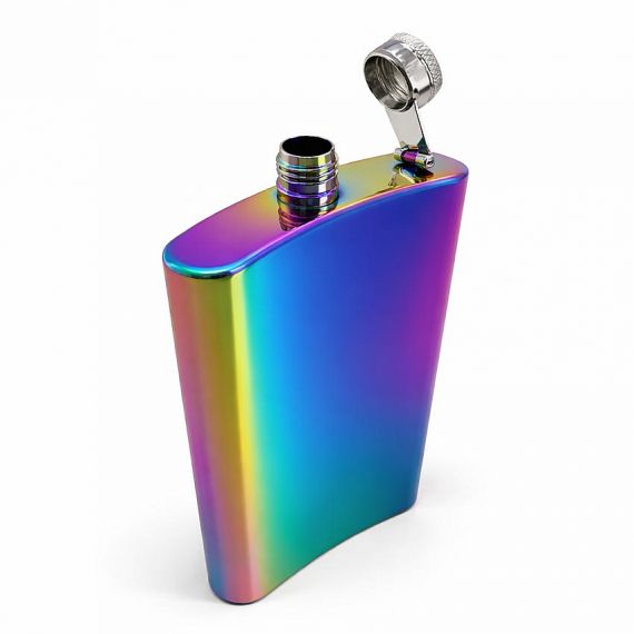 Personalized rainbow iridescent plating stainless steel hip flask with leak-proof screw cap, custom logo portable liquor flask for outdoor travel.