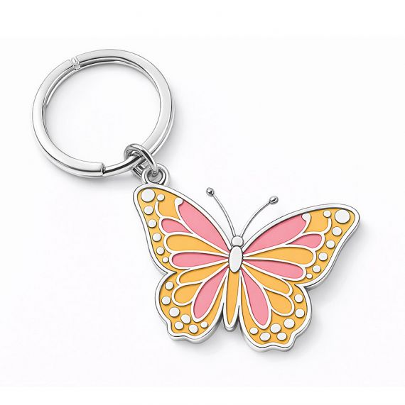 Durable brass stamped enamel butterfly keychain with a polished silver finish