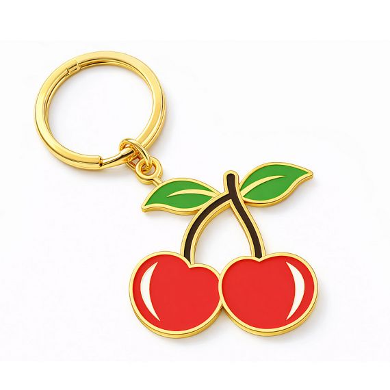 Gold plated stamped enamel brass cherry keychain with vibrant red color