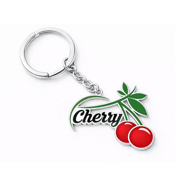 Silver-plated brass keychain with stamped enamel technique featuring a cherry fruit icon and green leaves
