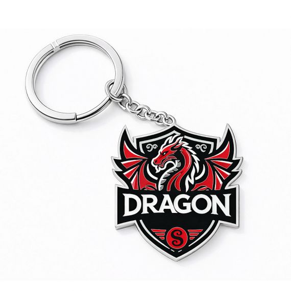 Durable brass stamped enamel keychain with a dragon shield design and silver finish