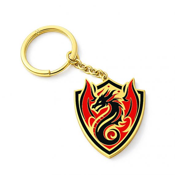 Gold plated stamped enamel brass dragon shield keychain with bold red and black design