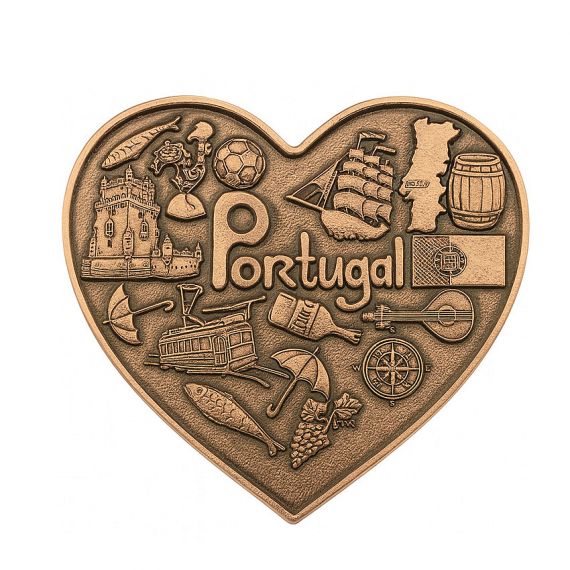 Portugal souvenir pin with cultural icons in heart shape